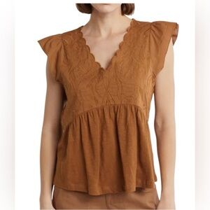 NWT Democracy Embroidered Peplum Ruffle Sleeve Top in Sweet Toffee Sz XL